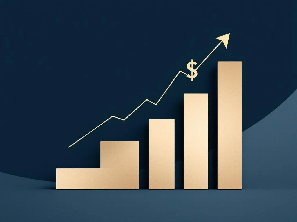 Camera-pictogram verbonden met opwaartse pijl en dollarteken via geometrische lijnen, marineblauw en goud kleurenpalet