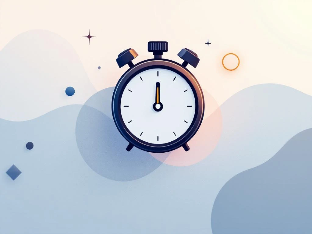 Stopwatch-pictogram omgeven door geometrische camera-elementen in minimalistische stijl met blauwe en grijze tinten