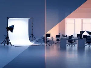 Split-screen compositie met professionele fotostudio links en moderne kantooromgeving rechts, gescheiden door diagonale lijn