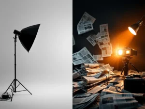 Gesplitste compositie toont gecontroleerde studiofotografie links en dynamische nieuwsfotografie rechts met vintage camera
