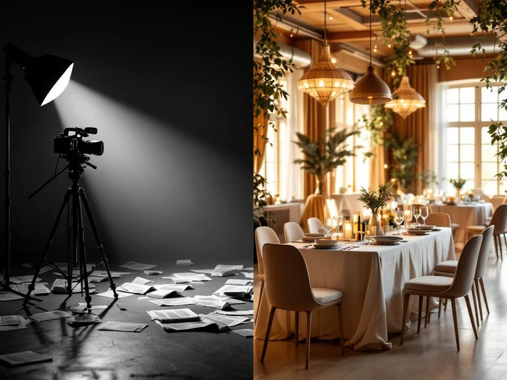 Gesplitste compositie met donkere nieuwsruimte links en warme evenementenruimte rechts, beide met professionele camera's