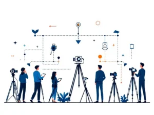 Minimalistische illustratie van fotografiesetup met camera's op statieven en gefigureerde fotografen in geometrisch patroon