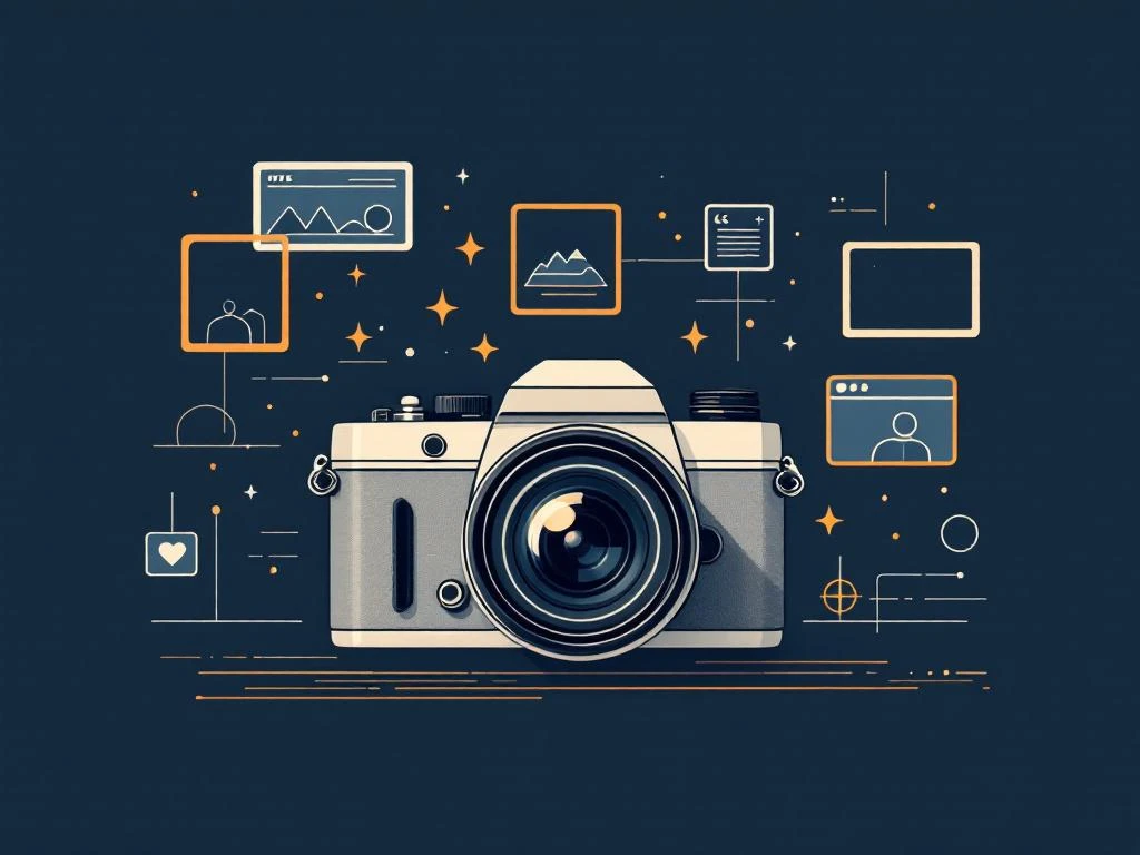 Minimalistische camera met lens omringd door geometrische nieuwselementen in blauw, grijs en goud kleurenpalet