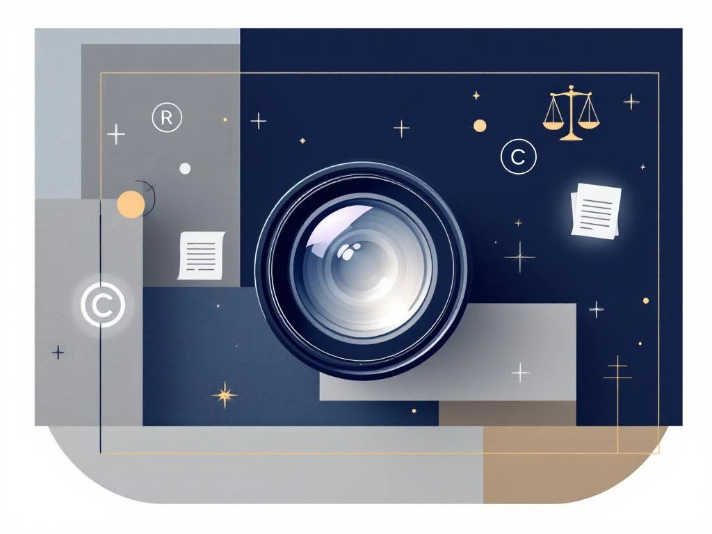 Camera lens omringd door juridische symbolen zoals weegschaal, copyright en contracten in minimalistische stijl