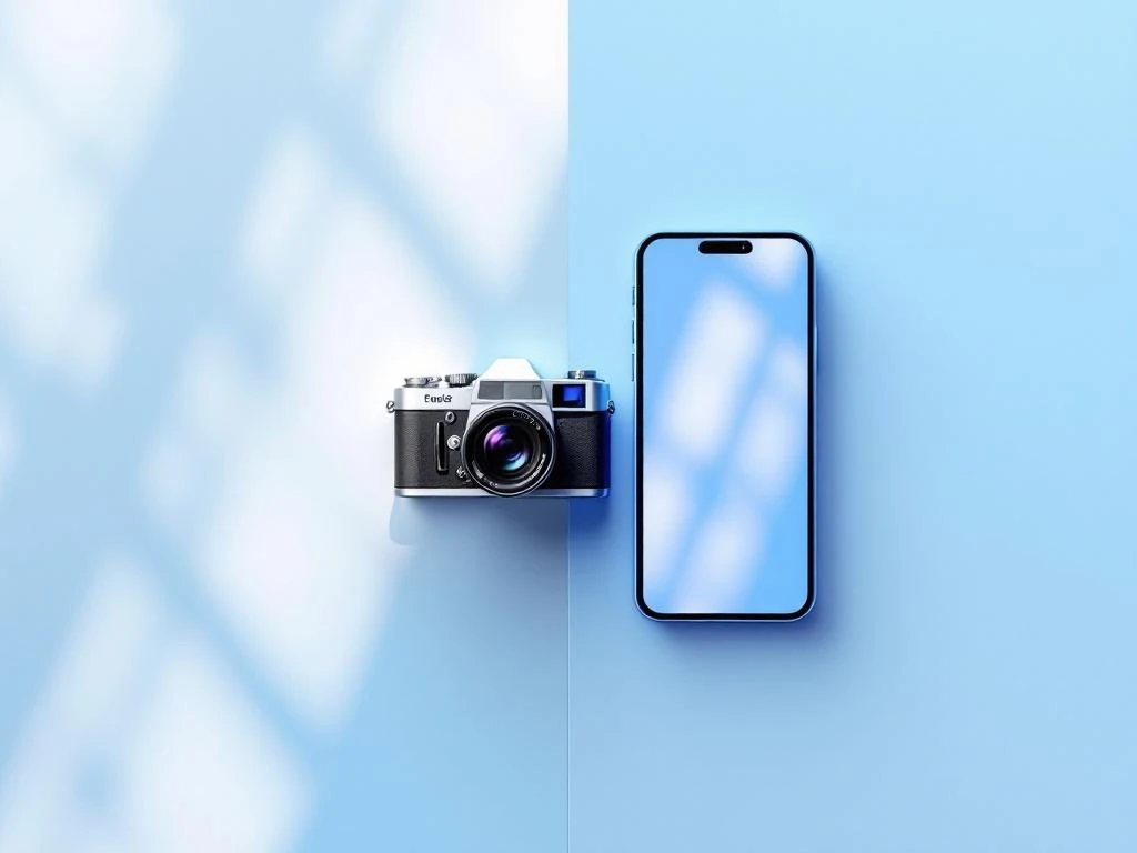 Vintage filmcamera en moderne smartphone met social media-iconen verbonden door geometrische lijnen op witte achtergrond