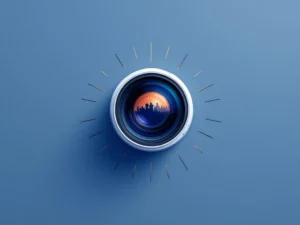 Minimalistische cameralens met geometrische stralen op witte achtergrond, newsroom silhouet reflectie, donkerblauw en amber