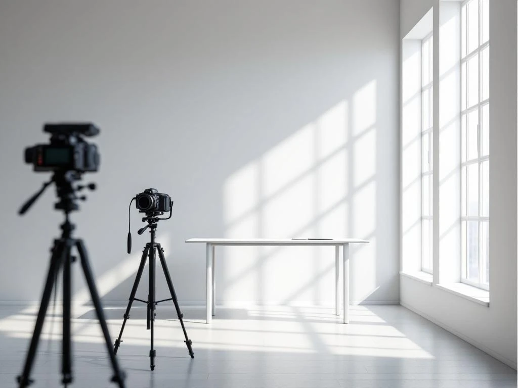 Minimalistische kantoorruimte met moderne werkplek bij raam en professionele camera op statief voor bedrijfsfotografie