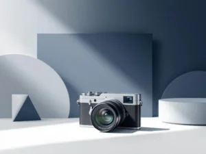 Moderne camera op witte ondergrond met geometrische vormen in marineblauw en grijs, verlicht door spotlicht