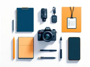 Professionele camera met telelens omringd door nieuwsfotografie-uitrusting: notitieblok, persbadge en smartphone