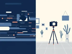 Gesplitste illustratie toont dynamische nieuwscamera links en georganiseerde stockfotografie-opstelling rechts in minimalistische stijl
