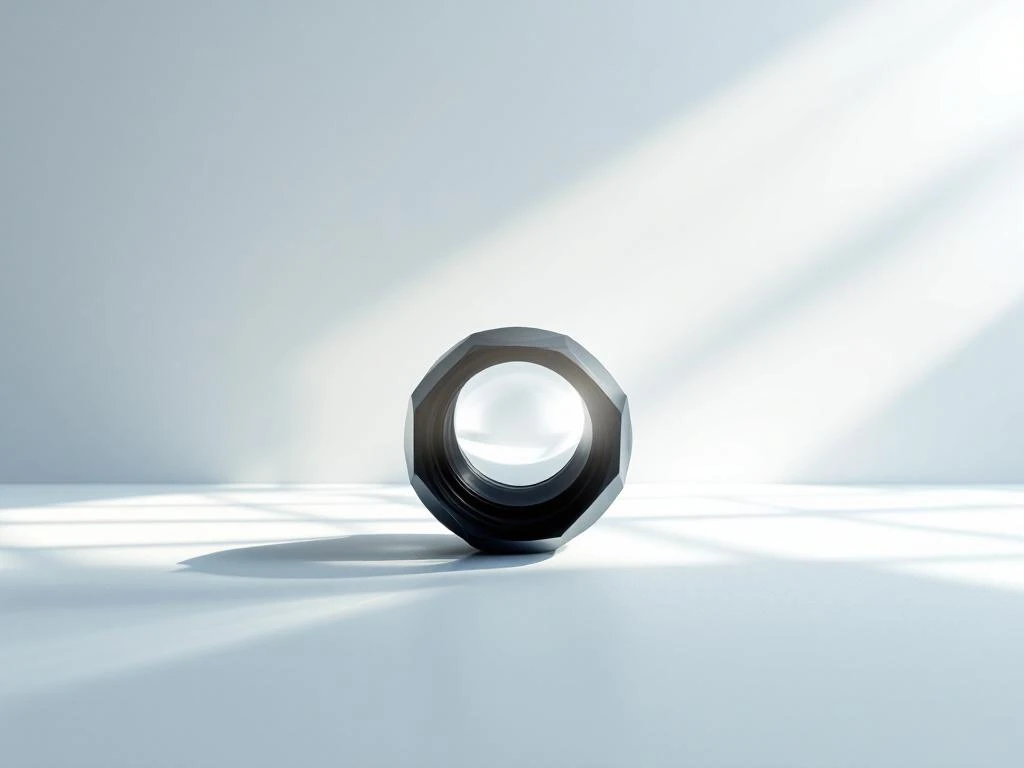 Geometrische cameralens met lichtstralen en weegschaal silhouet op witte achtergrond, minimalistische compositie in blauw en grijs