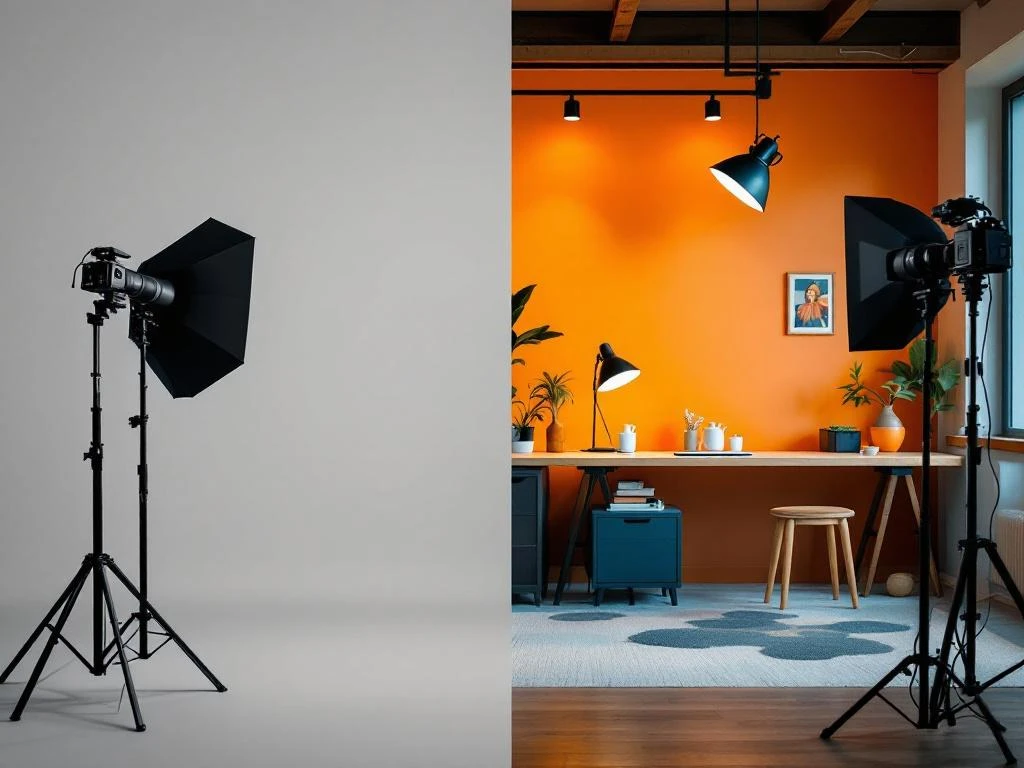 Split-screen vergelijking van traditionele neutrale portretfotografie versus warme contextuele portretopstelling