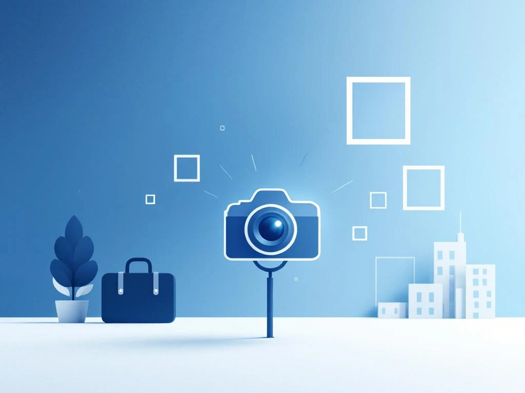 Moderne camera silhouet met foto frames en zakelijke pictogrammen op blauwe gradiënt achtergrond