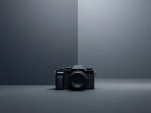 Camera silhouet met acht geometrische elementen op navy-grijze achtergrond voor professionele bedrijfsfotografie