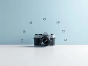 Moderne camera omringd door acht zakelijke pictogrammen op blauwe gradiënt achtergrond voor professionele fotografie