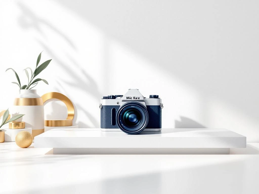 Moderne camera op witte ondergrond met geometrische vormen in marineblauw en goud voor professionele fotografie