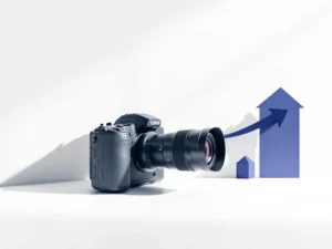 Professionele camera met abstracte pijlen en geometrische vormen die bedrijfsgroei symboliseren op witte achtergrond