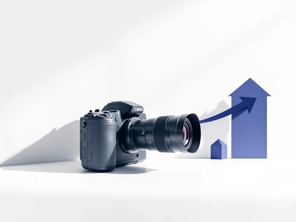 Professionele camera met abstracte pijlen en geometrische vormen die bedrijfsgroei symboliseren op witte achtergrond