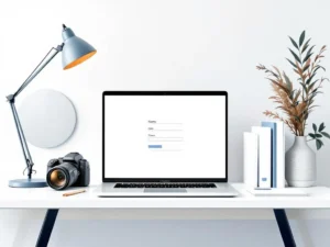Moderne camera op minimalistische werkplek met laptop en documenten voor professionele fotografie diensten