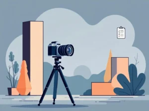 Camera op statief met notitieblok tegen geometrische achtergrond in blauwe en grijze tinten voor fotografie diensten