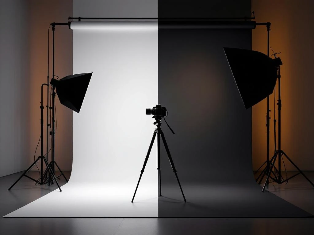 Professionele fotostudio setup met camera op statief tussen witte en donkergrijze achtergronden, studiolampen zichtbaar