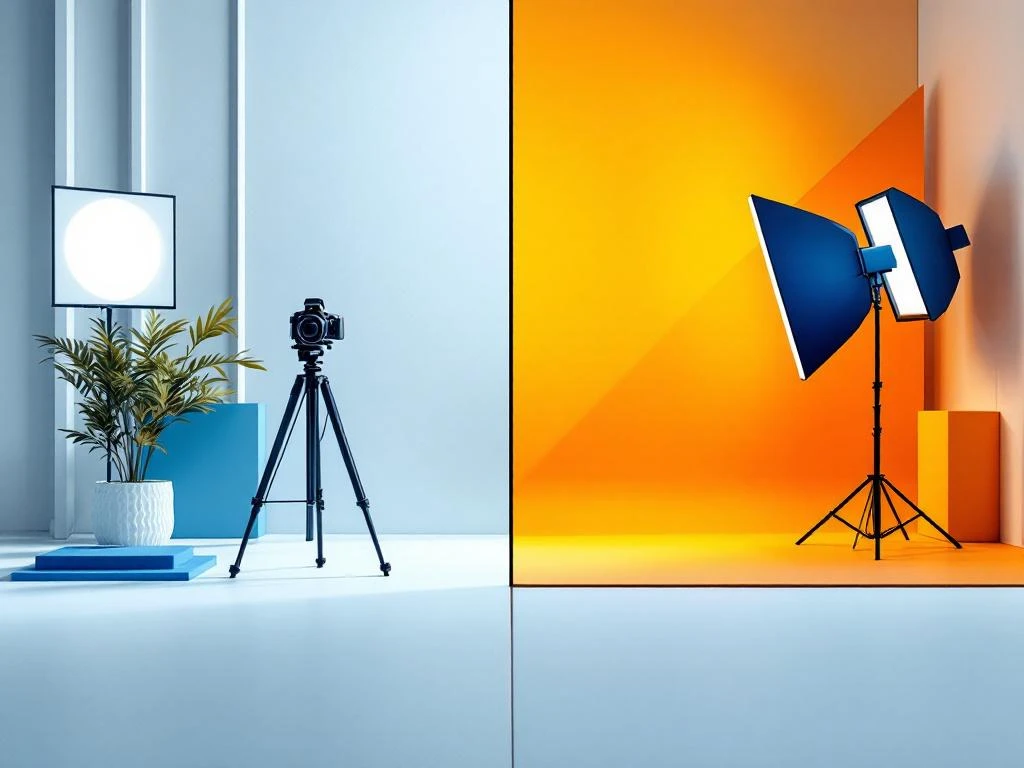 Gesplitste compositie toont kantoor fotografie setup links en commerciële product fotografie opstelling rechts