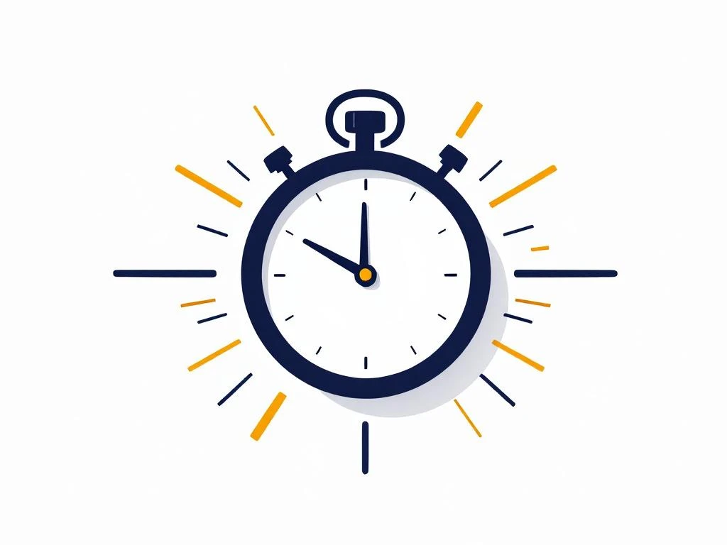 Minimalistische stopwatch met gouden accenten en geometrische lijnen die snelheid suggereren op witte achtergrond