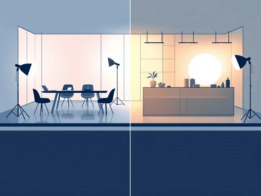 Minimalistisch split-screen diagram toont B2B vergaderruimte links en B2C winkelomgeving rechts met camera-elementen