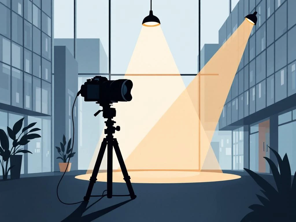 Camera silhouet tegen moderne kantooromgeving met geometrische gebouwen in blauw en grijs, warm spotlicht accent