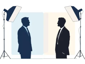 Twee zakelijke silhouetten in contrast: stijf versus ontspannen houding, minimalistische illustratie in marineblauw en grijs