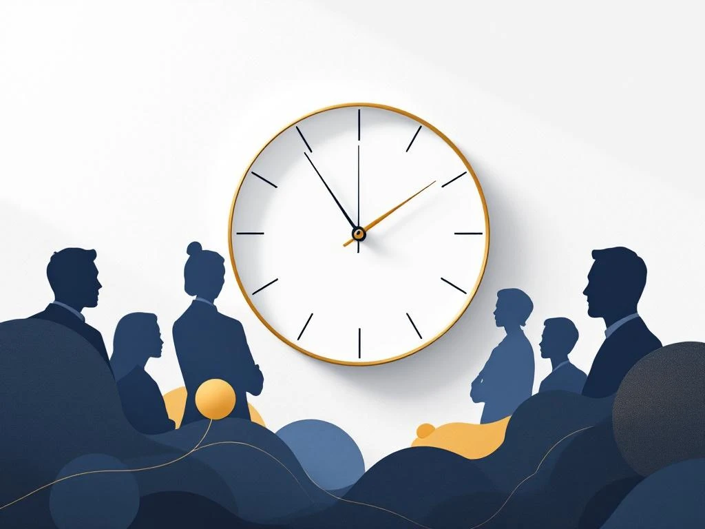 Minimalistische klok met elegante wijzers omringd door geometrische vormen in marineblauw en goud op witte achtergrond