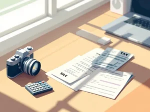Vintage filmcamera naast stapel belastingdocumenten en rekenmachine op opgeruimd bureau in minimalistische stijl