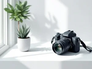 Professionele camera op wit bureau naast groene vetplant in minimalistische vectorillustratie met zachte schaduwen