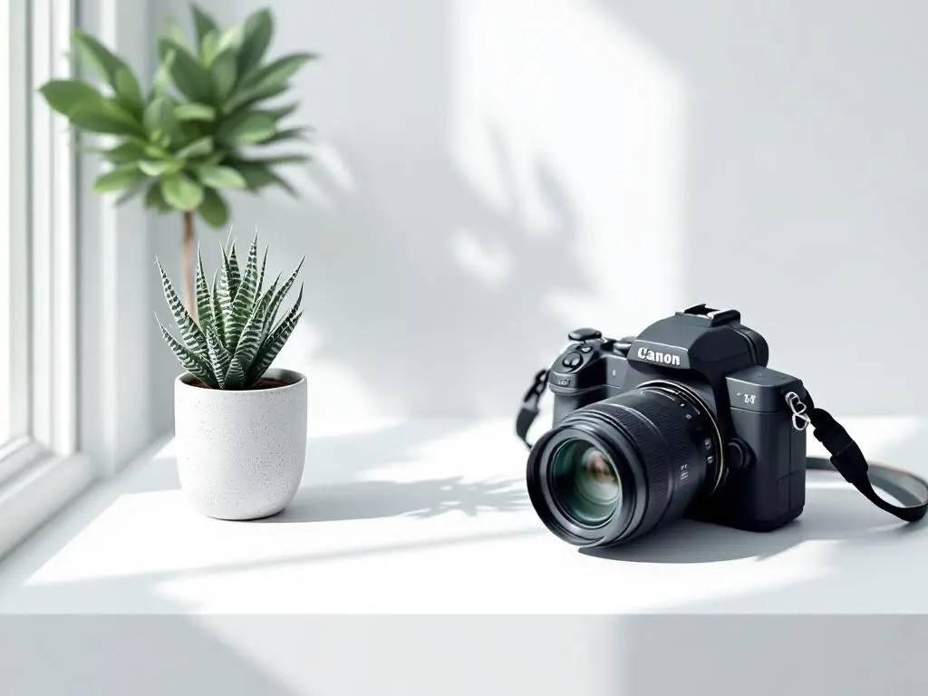 Professionele camera op wit bureau naast groene vetplant in minimalistische vectorillustratie met zachte schaduwen
