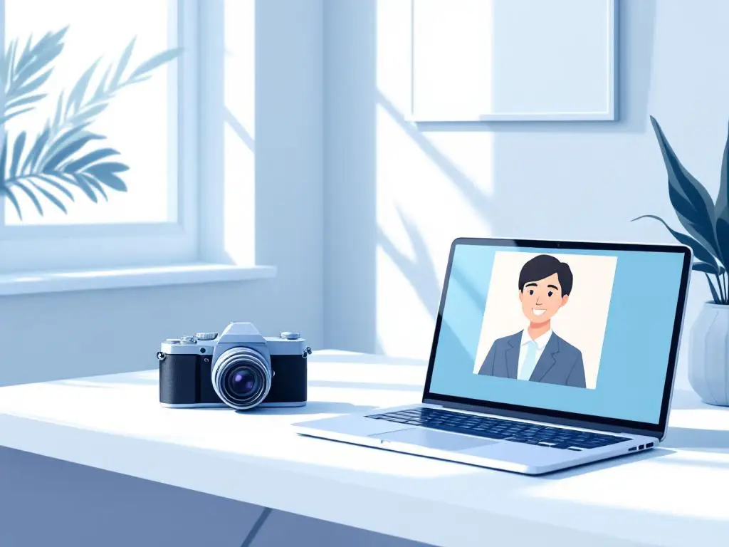 Moderne camera op wit bureau naast laptop met professionele headshot, blauwe en witte kleuren, minimale compositie