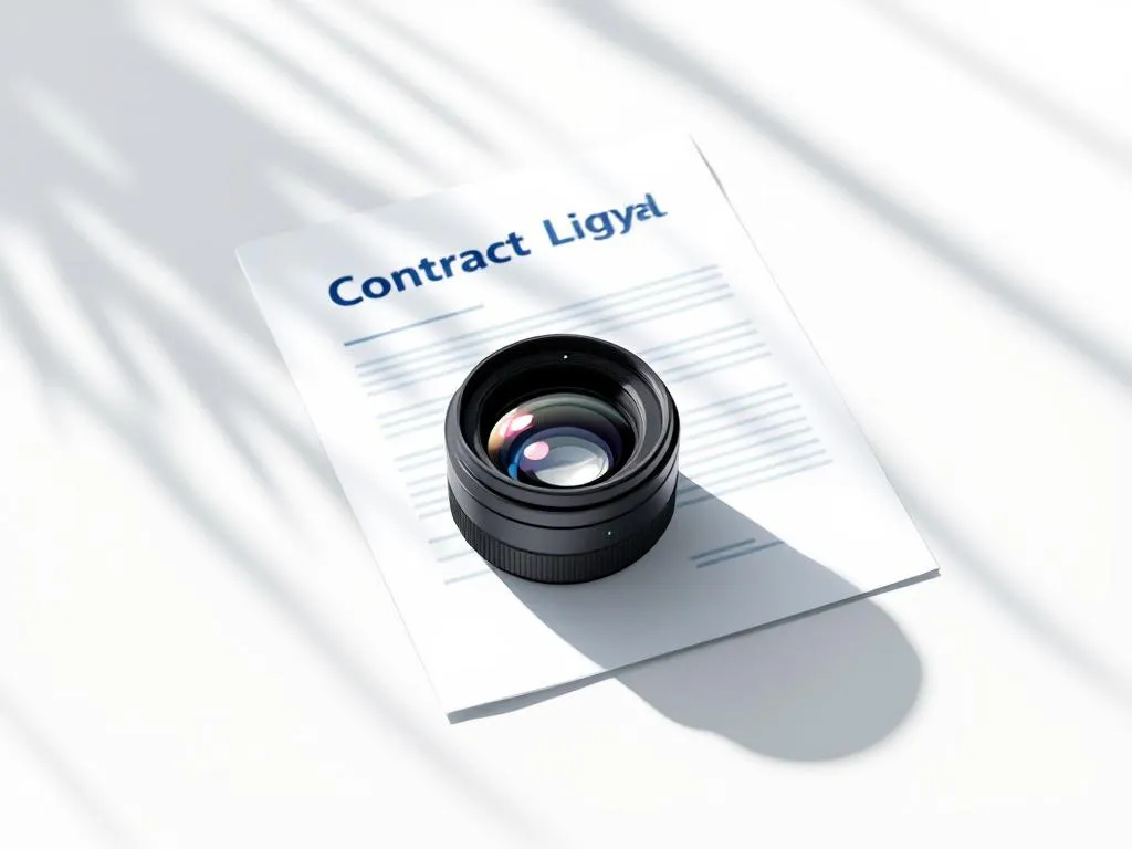 Cameralens op contractdocument, professionele fotografie en juridische documentatie, minimalistische stijl