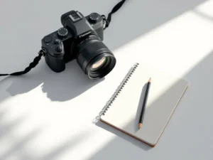 Professionele camera en notitieblok met potlood op witte ondergrond, minimalistische vectorillustratie