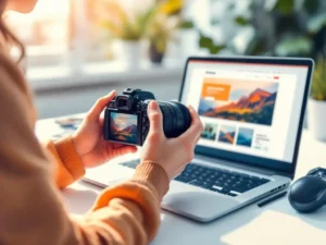 Fotograaf houdt DSLR-camera vast en bekijkt foto's op LCD-scherm aan wit bureau met laptop op achtergrond
