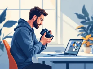 Professionele fotograaf bekijkt foto's op camera-lcd bij bureau met laptop, vectorillustratie in blauw en oranje