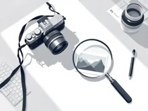 Camera op wit bureau naast foto met vergrootglas voor kwaliteitscontrole, minimale werkruimte in vectorstijl