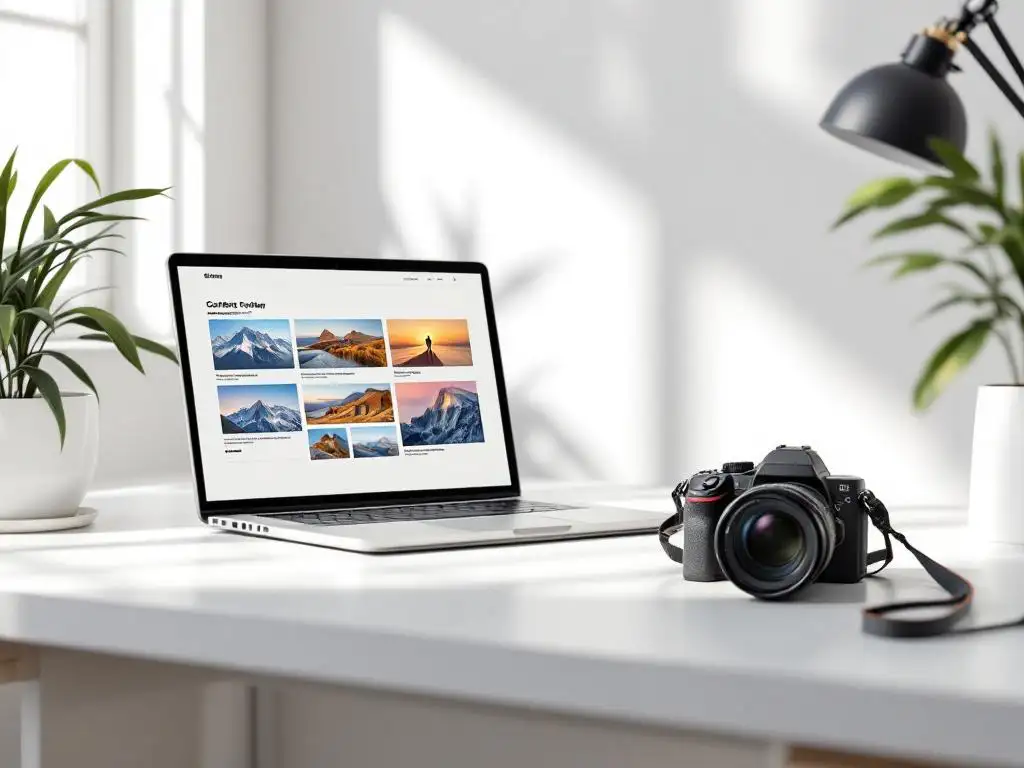 Professionele camera en laptop met beeldcontent op wit bureau, natuurlijk licht, minimalistische werkruimte