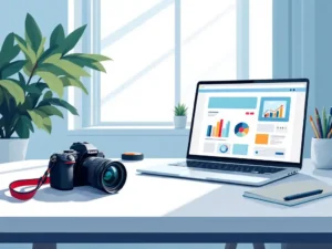Professionele camera en laptop op wit bureau bij raam, vectorillustratie in blauw-wit kleurenpalet