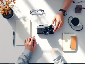 Fotografenhanden schikken vintage camera, notitieblok en pen op wit bureau in minimalistische vectorstijl