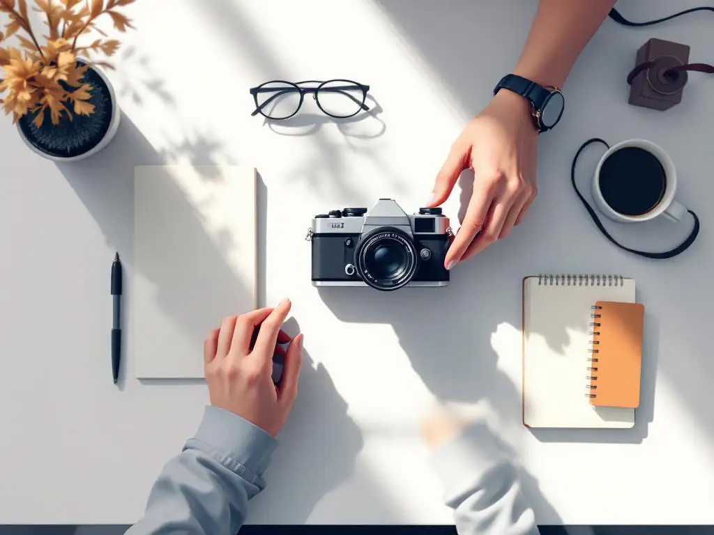 Fotografenhanden schikken vintage camera, notitieblok en pen op wit bureau in minimalistische vectorstijl