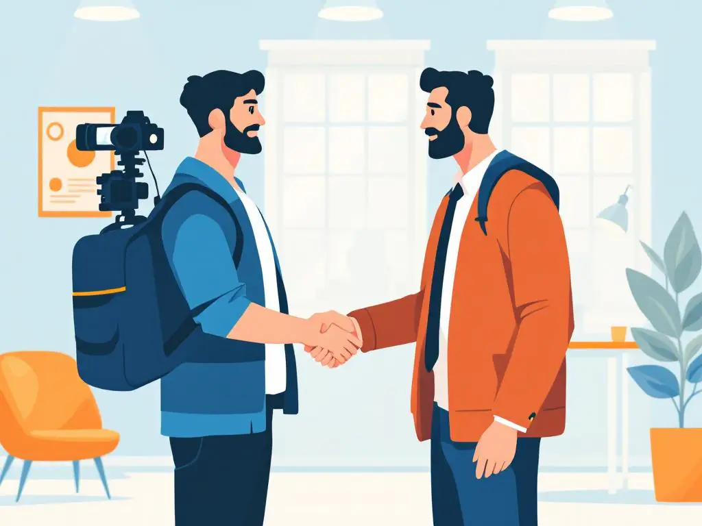 Fotograaf en journalist schudden handen in nieuwsredactie, vectorillustratie in blauw en oranje
