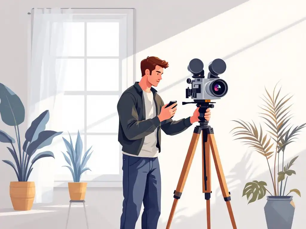 Professionele fotograaf stelt vintage filmcamera in op houten statief in minimalistische studio met natuurlijk licht