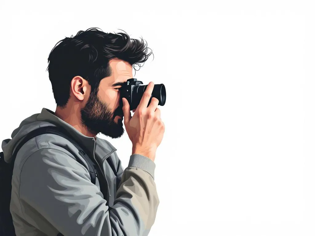 Professionele fotograaf met vintage filmcamera neemt foto, vector illustratie in warme grijstinten