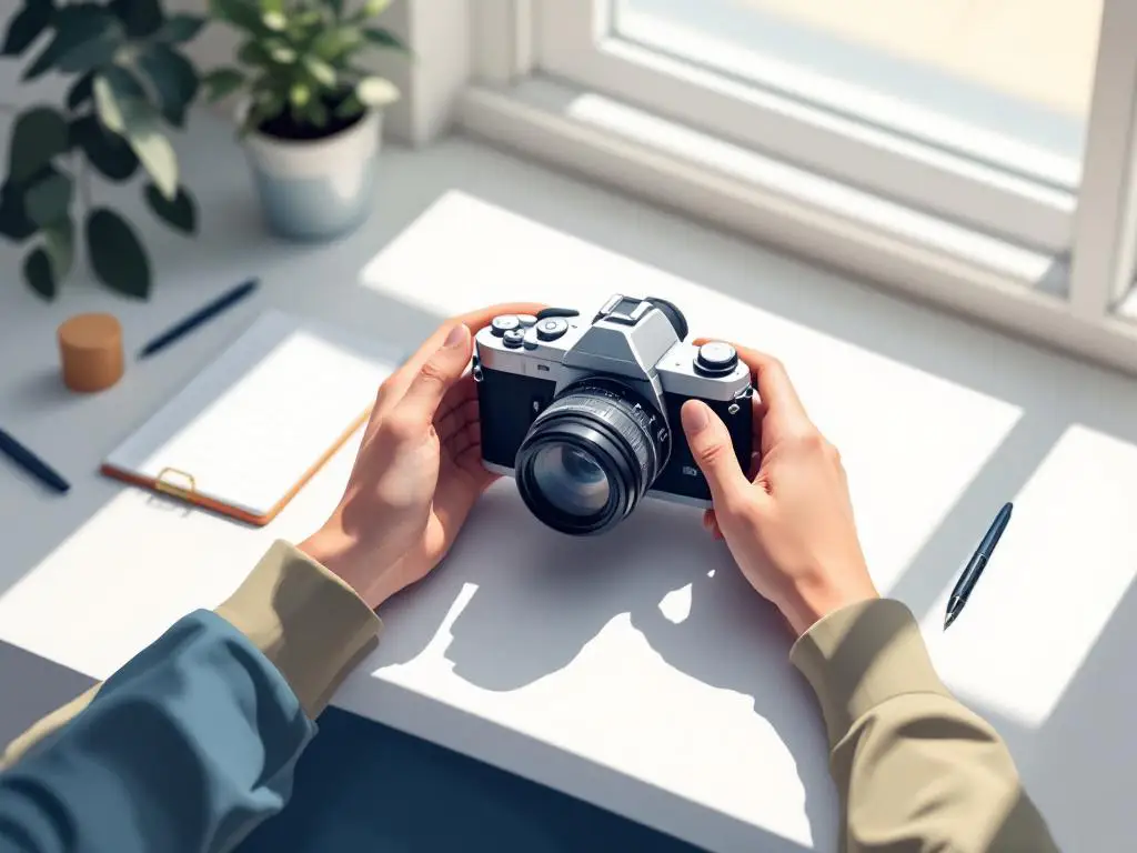 Professionele fotograaf past vintage filmcamera aan op wit bureau met notitieblok in natuurlijk licht