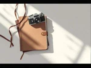 Vintage filmcamera naast open leren ethiekhandboek op witte ondergrond, zachte belichting, minimalistische stijl