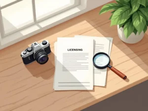 Vintage filmcamera naast stapel licentiedocumenten met loupe op houten bureau, vectorillustratie in aardse tinten